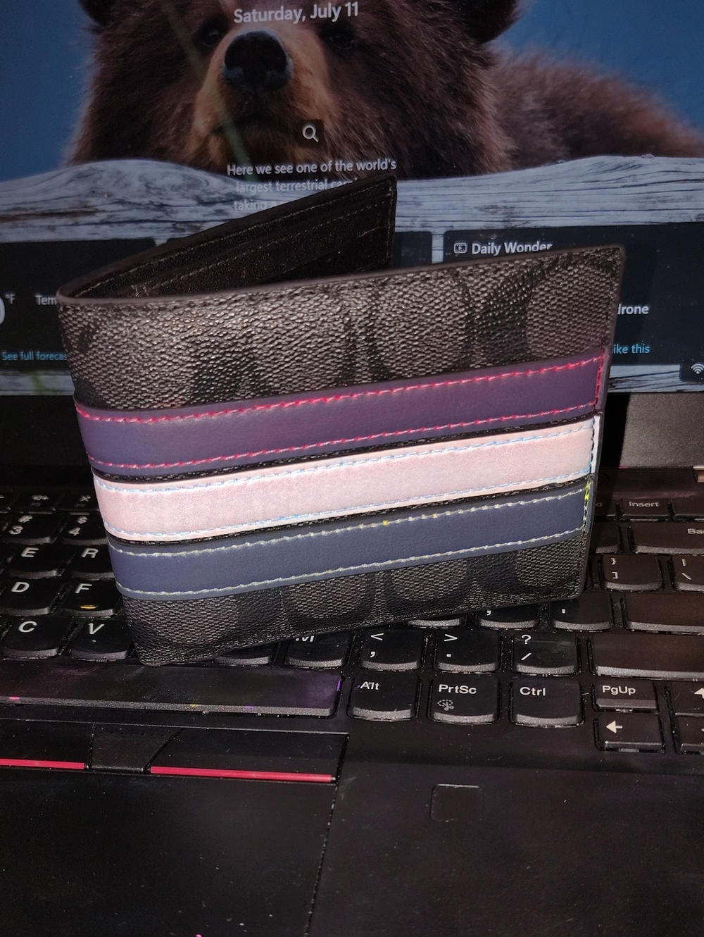 Coach Men’s Bifold Wallet with Pink, Navy and Light Pink Stripes